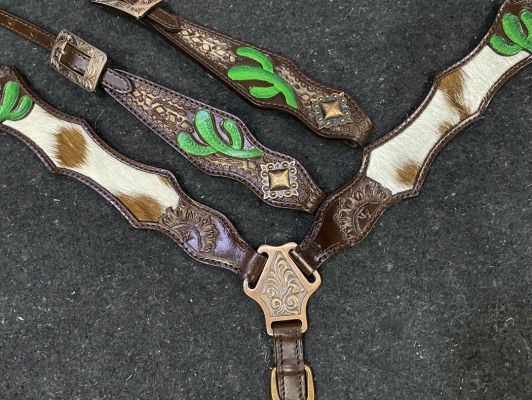 Showman Hair on Cowhide One Ear Leather Headstall and Breast Collar Set with Painted Cactus #3